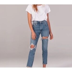 Abercrombie & Fitch High Rise Mom Jeans Distressed Ripped Denim Medium Wash 25